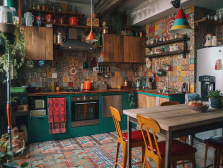 A kitchen with a table and chairs in it. AI generative image.の素材