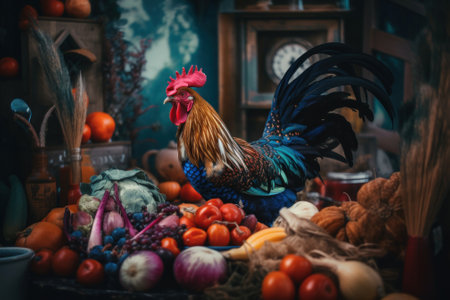 A rooster standing on top of a pile of fruit and vegetables. AI generative image.の素材