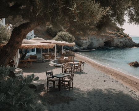 A sandy beach with tables and umbrellas on it. AI generative image.の素材