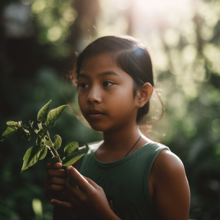 A little girl holding a plant in her hands. AI generative image.の素材