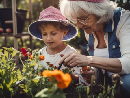 An older woman and a young child in a garden. AI generative image.の素材