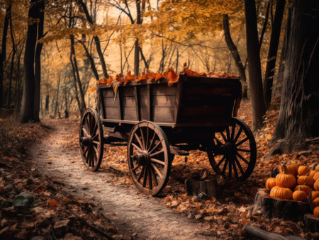 A wagon filled with pumpkins on a path in the woods. AI generative image.の素材