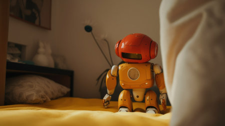 A toy robot sitting on top of a bed. AI generative image.の素材