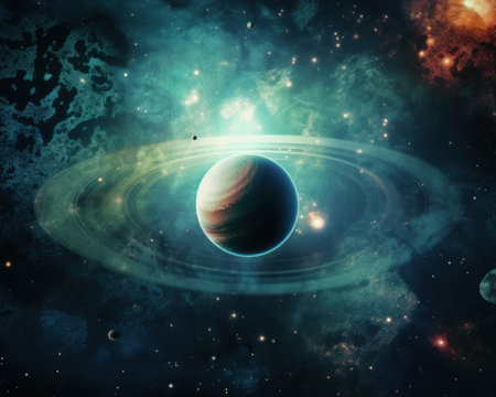 An image of a planet with a ring around it. AI generative image.の素材