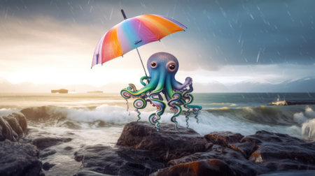 An octopus holding an umbrella on a rocky beach. AI generative image.の素材