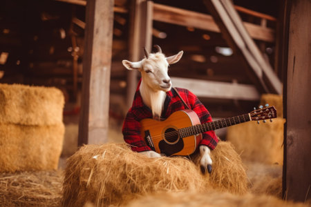 A goat wearing a plaid shirt and playing a guitar. AI generative image.の素材