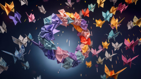 Many origami paper birds flying in the air. AI generative image.の素材