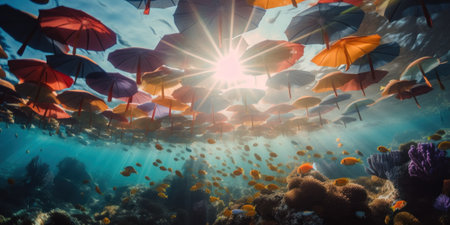 A group of umbrellas floating above a coral reef. AI generative image.の素材