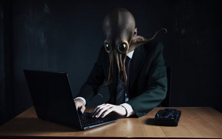 A man in a suit sitting at a table with a laptop. AI generative image.の素材