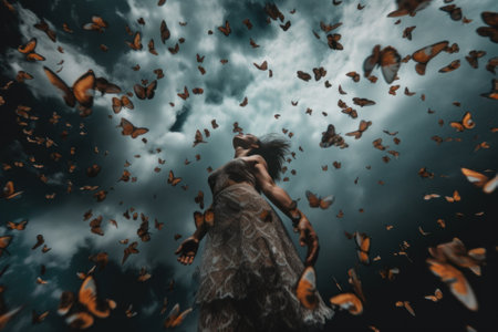 A woman in a dress is surrounded by butterflies. AI generative image. Surreal dreamlike picture.の素材