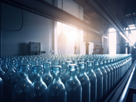 A conveyor belt filled with lots of empty bottles. AI generative image.の素材