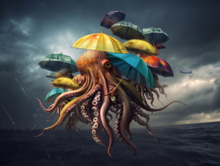 A surreal image of octopus with umbrellas floating in the ocean. AI generative image.の素材