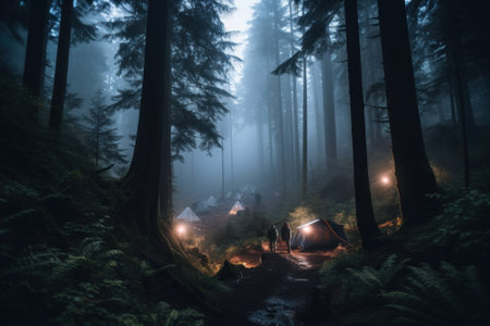 A group of people standing around a tent in the woods. AI generative image.の素材