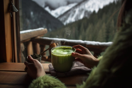 A woman is holding a cup of matcha latte green tea. AI generative image.の素材