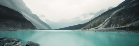 A large body of water surrounded by mountains. AI generative image.の素材
