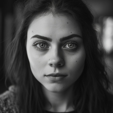 A black and white photo of a woman with long hair. AI generative image.の素材