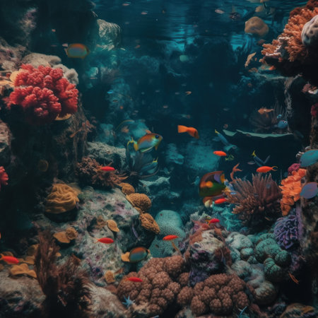 A fish tank filled with lots of colorful fish. AI generative image.の素材