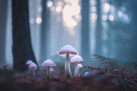 A group of mushrooms that are standing in the grass. AI generative image.の素材