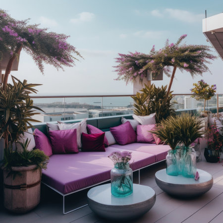 A purple couch sitting on top of a wooden deck with view to a sea. AI generative image.の素材