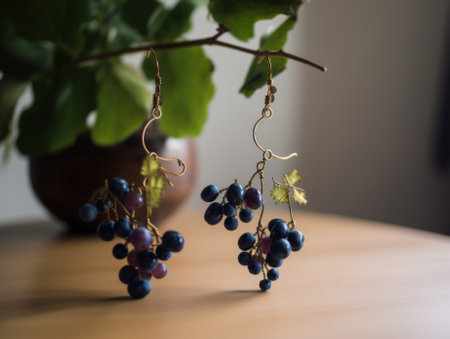 An earring set made of grape clusters on a table. AI generative image.の素材