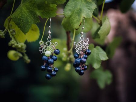 An earring set made of grape clusters on a table. AI generative image.の素材