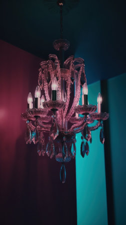 A pink chandelier hanging from the ceiling. AI generative image.の素材