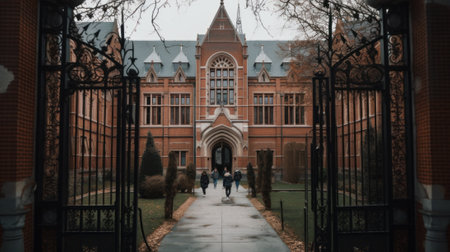 A large brick building with a gate in front of it. AI generative image.の素材