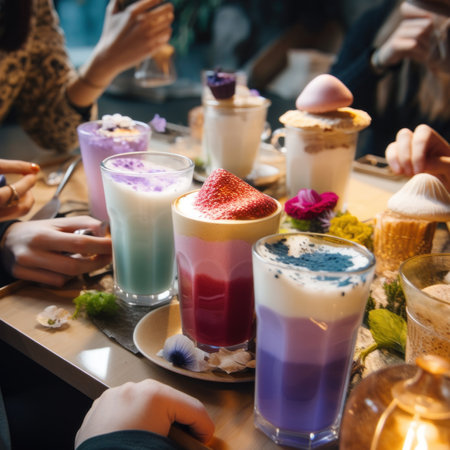 A group of people sitting at a table with drinks. AI generative image.の素材