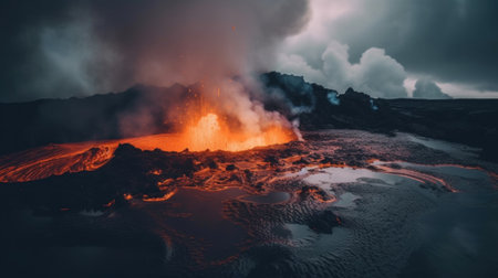 A large plume of lava rising into the air. AI generative image.の素材