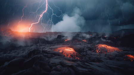 A lightning bolting through the sky over a lava field. AI generative image.の素材