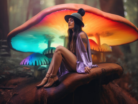 A woman sitting on a mushroom in a forest. AI generative image.の素材