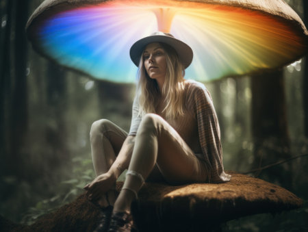 A woman sitting on top of a mushroom in the woods. AI generative image.の素材