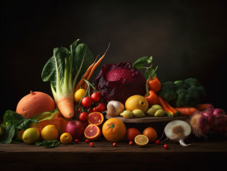 A table topped with lots of different types of fruits and vegetables. AI generative image.の素材