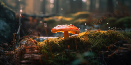 A mushroom sitting on top of a moss covered forest. AI generative image.の素材