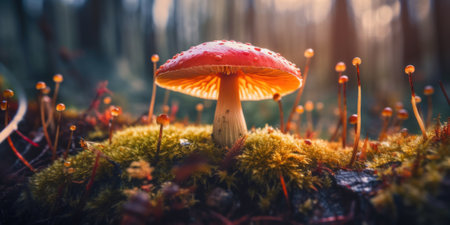 A mushroom sitting on top of a lush green forest. AI generative image.の素材