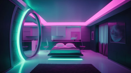 A bedroom with a bed and a mirror. AI generative image.の素材
