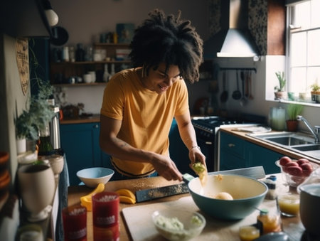 A man in a kitchen preparing food on a cutting board. AI generative image.の素材