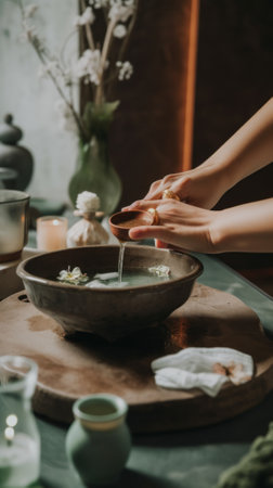 Serene spa setting, a person pouring something into a bowl on a table. AI generative image.の素材