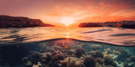 The sun is setting over a coral reef. AI generative image.の素材