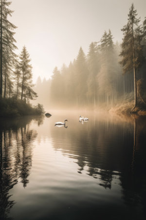 A couple of swans are swimming in a lake. AI generative image.の素材