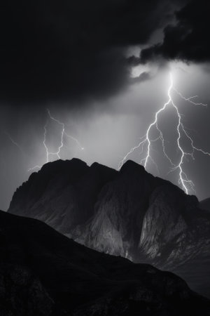 A black and white photo of a mountain with lightning. AI generative image.の素材