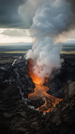 A large plume of smoke rising out of a crater. AI generative image.の素材