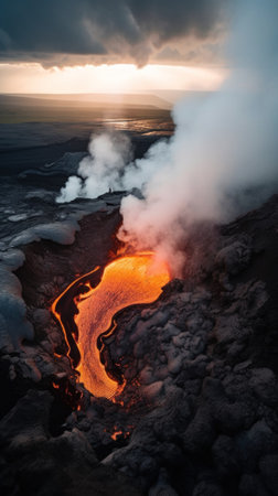 A view of a lava flow in the ocean. AI generative image.の素材