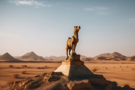 A statue of a man riding a camel in the desert. AI generative image.の素材