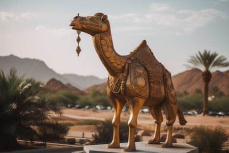 A statue of a camel in a desert setting. AI generative image.の素材