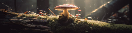 A mushroom sitting on top of a moss covered tree stump. AI generative image.の素材