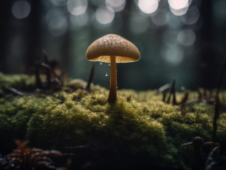 A mushroom on a bed of moss in a forest. AI generative image.の素材