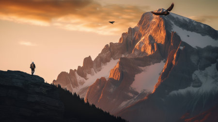 A man standing on top of a mountain next to a bird. AI generative image.の素材