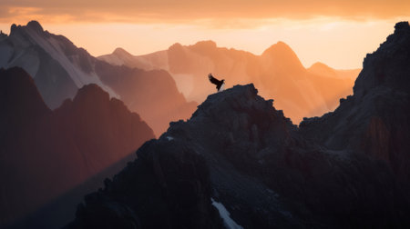 A bird standing on top of a mountain at sunset. AI generative image.の素材