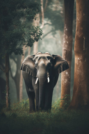 An elephant standing in the middle of a forest. AI generative image.の素材